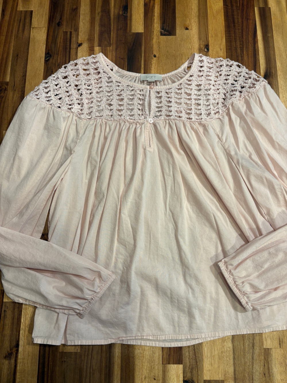 LOFT Pale Pink Crochet Yoke Long Sleeve Blouse